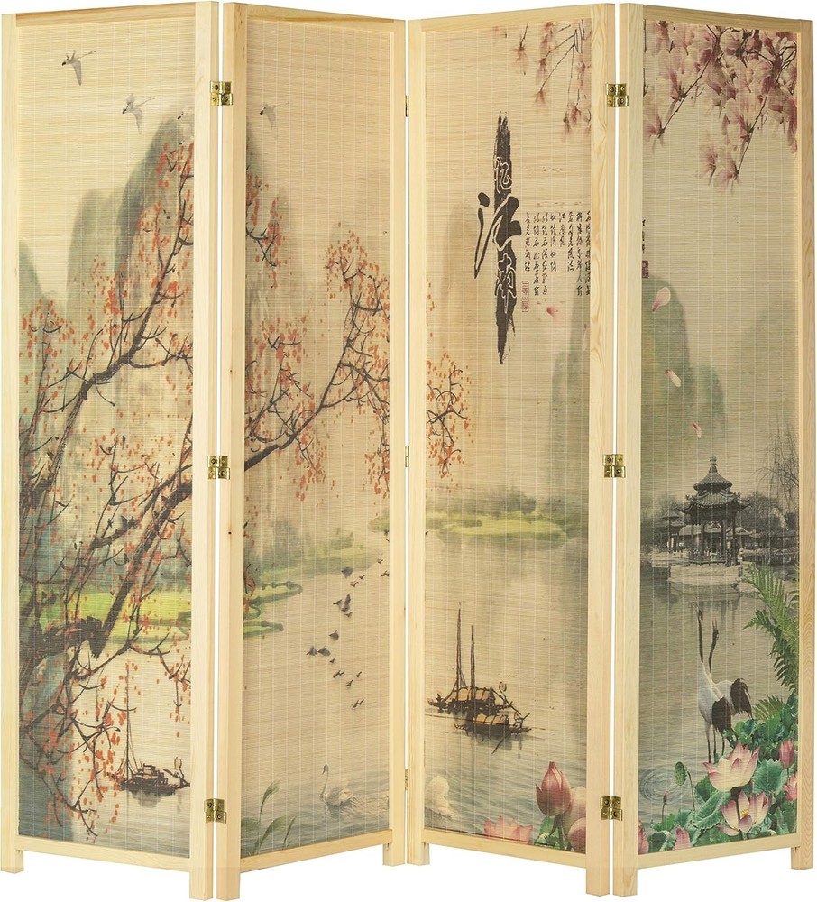 4 Panel Folding Bamboo Room Divider Chinese Calligraphy Decorative Screen Art