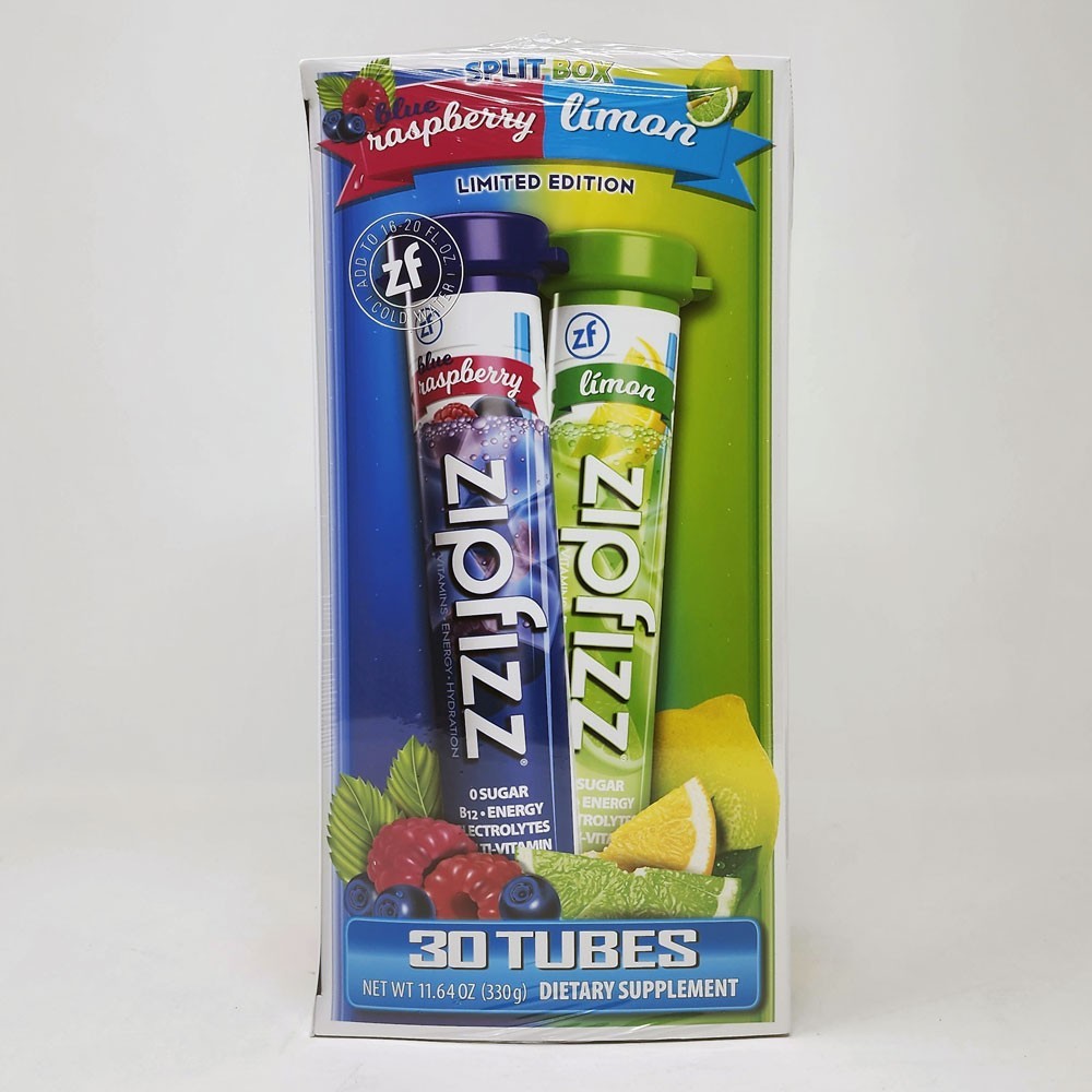 ZipFizz Energy Drink Mix 30 Tubes Split Box Límon & Blue Raspberry