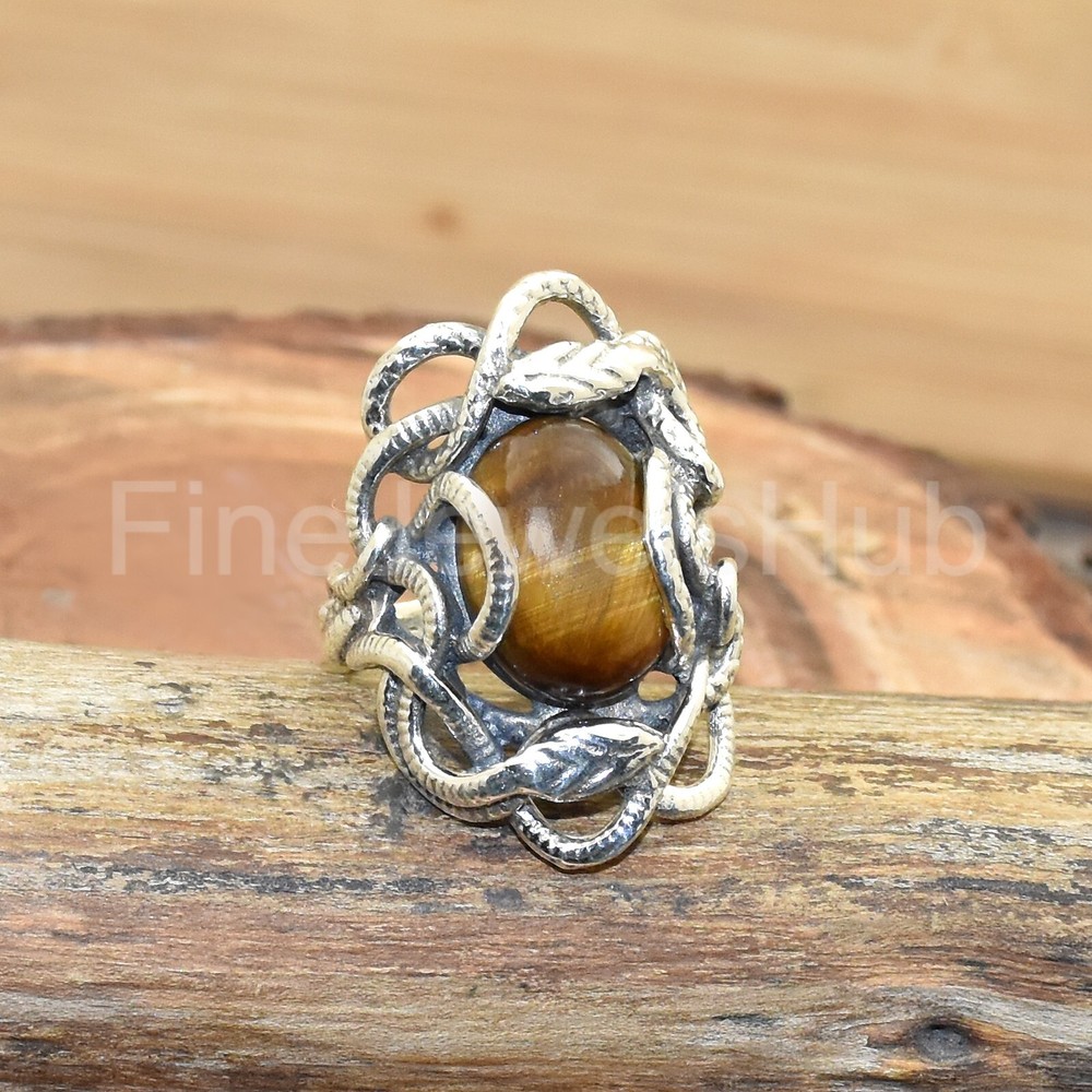 Natural Tiger Eye Ring, 925 Sterling Silver, Handmade Snake Ring Statement Ring