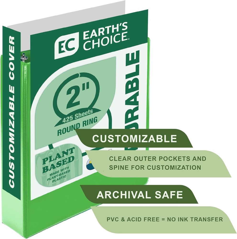 Durable Plant-Based 2-Inch Round Ring Binder - Archival Safe & Lime Green