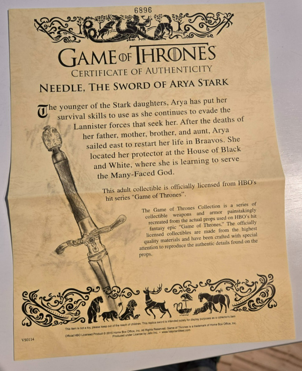 Game of Thrones ARYA STARK Valyrian Steel NEEDLE Sword Replica