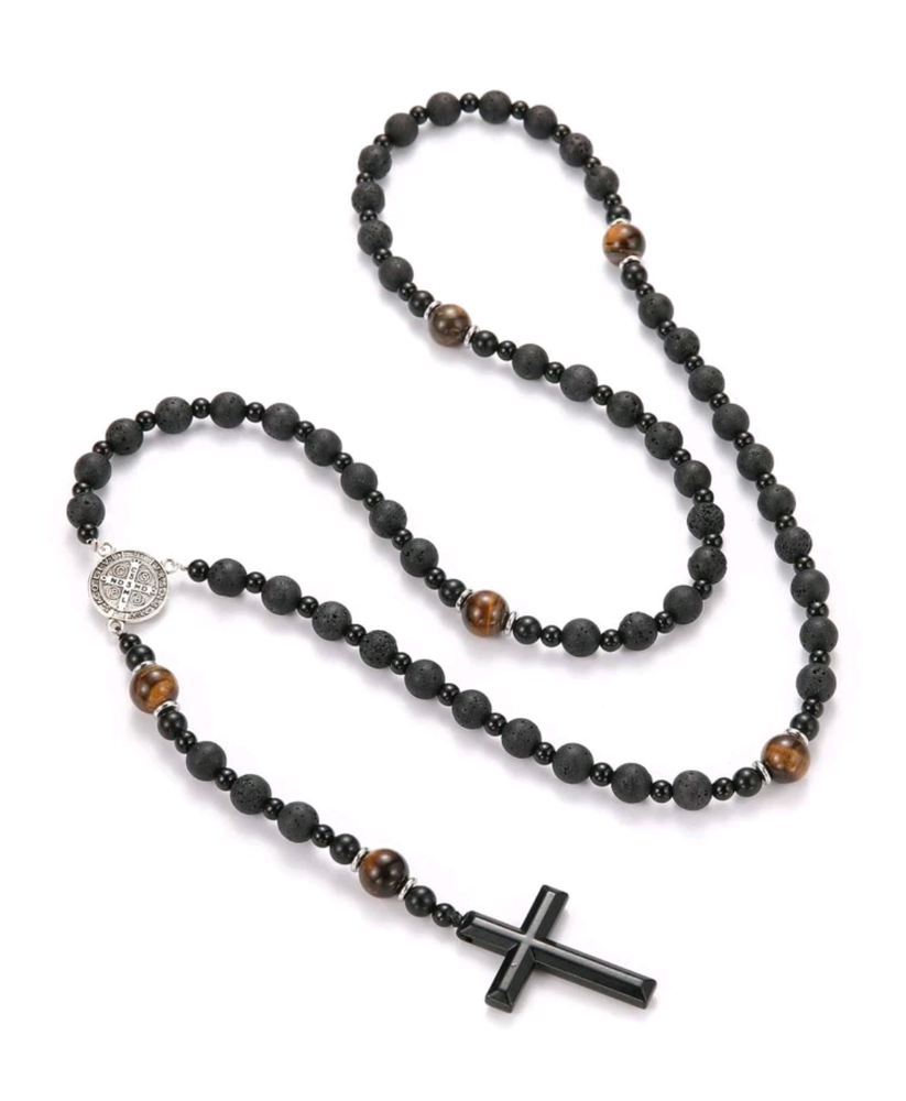 Men's Rosary St. Benedict Medal Black Lava Stone & Tiger Bead