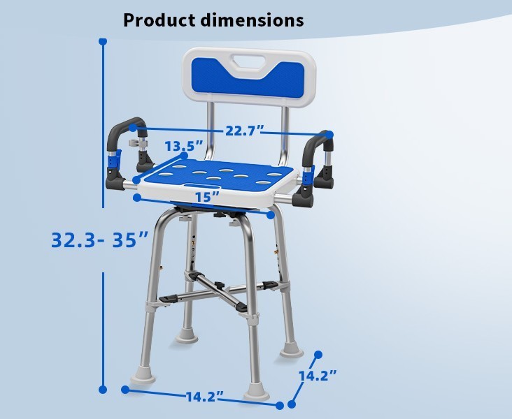 500lb Rotating Shower Chair w Arms & Back 360 Swivel Seat Aluminum XY‑K406