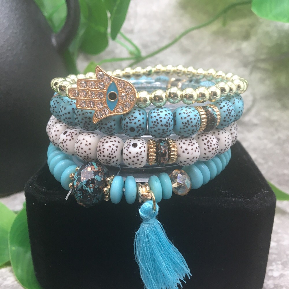 4 PC Handmade Bohemian Beaded Stackable 6.50" Plus Stretch Bracelet Set A784