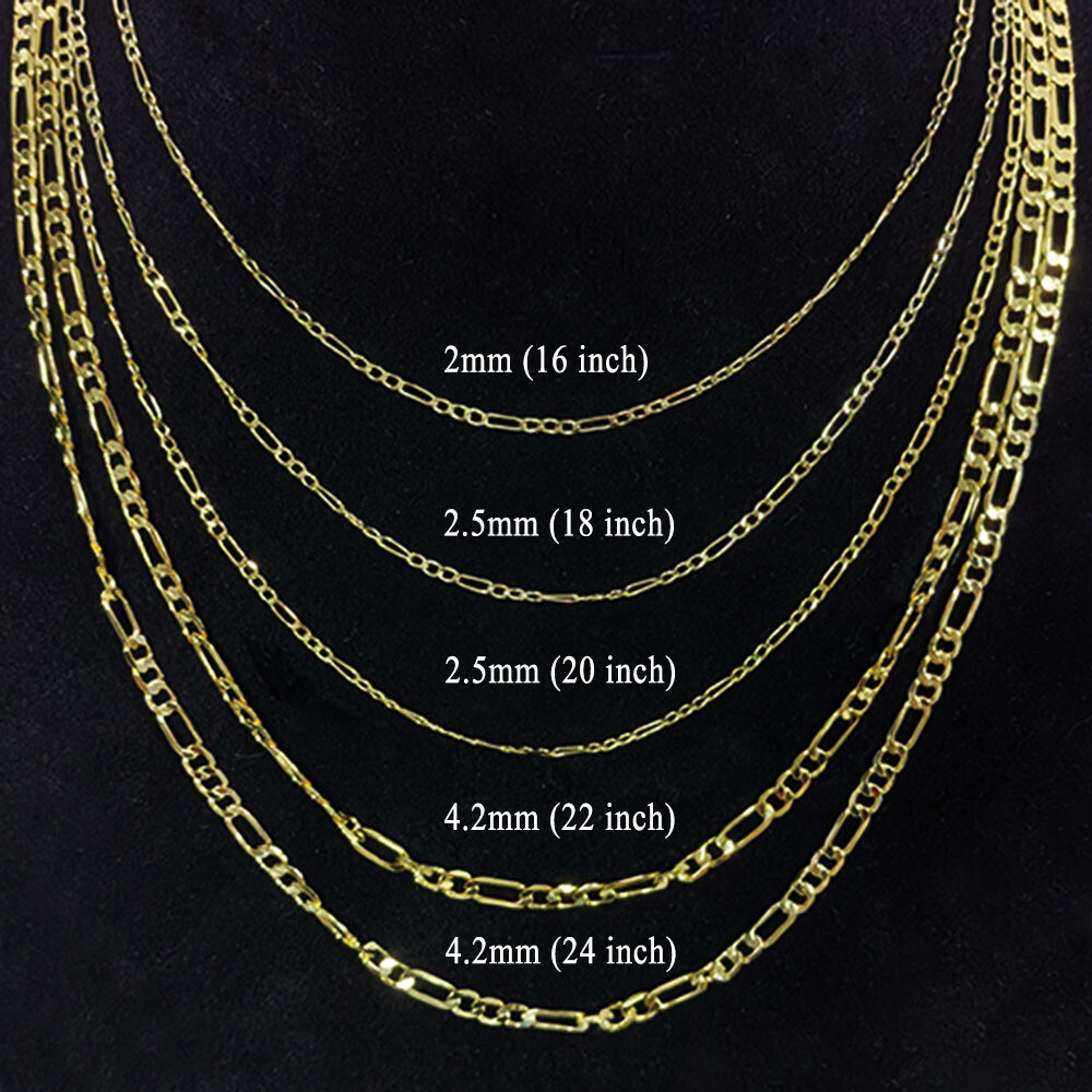 14K Solid Yellow Gold Necklace 2/2.5/4.2mm Figaro Chain Link +Lobster Claw Clasp