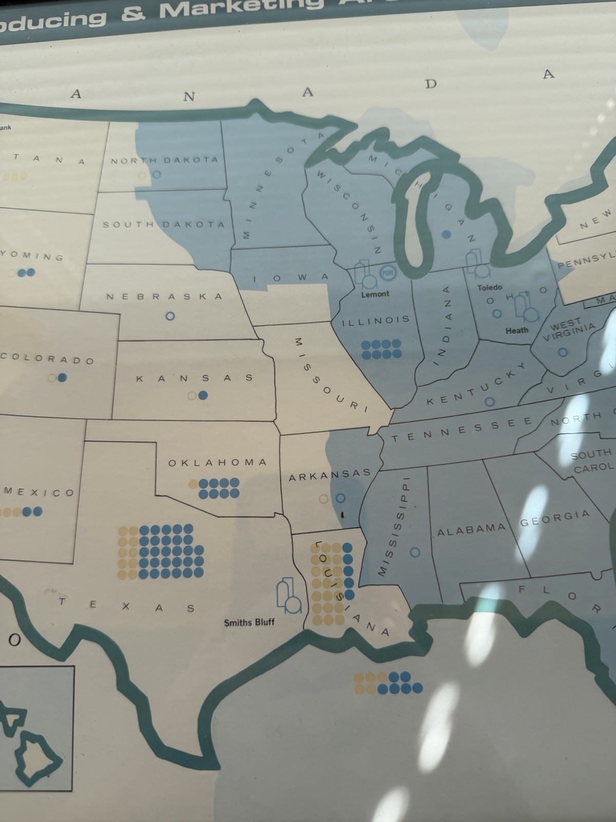 ANTIQUE UNION 76 OIL PRODUCING & MARKETING AREA REFINERIES FRAMED U.S. MAP