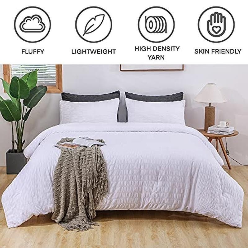 Seersucker Microfiber King Comforter Set 3pcs White Lightweight Fluffy Bedding