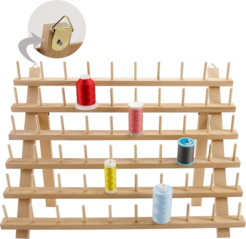 60 Spools Wooden Thread Rack/Thread Holder Organizer with Hanging Hooks for E...