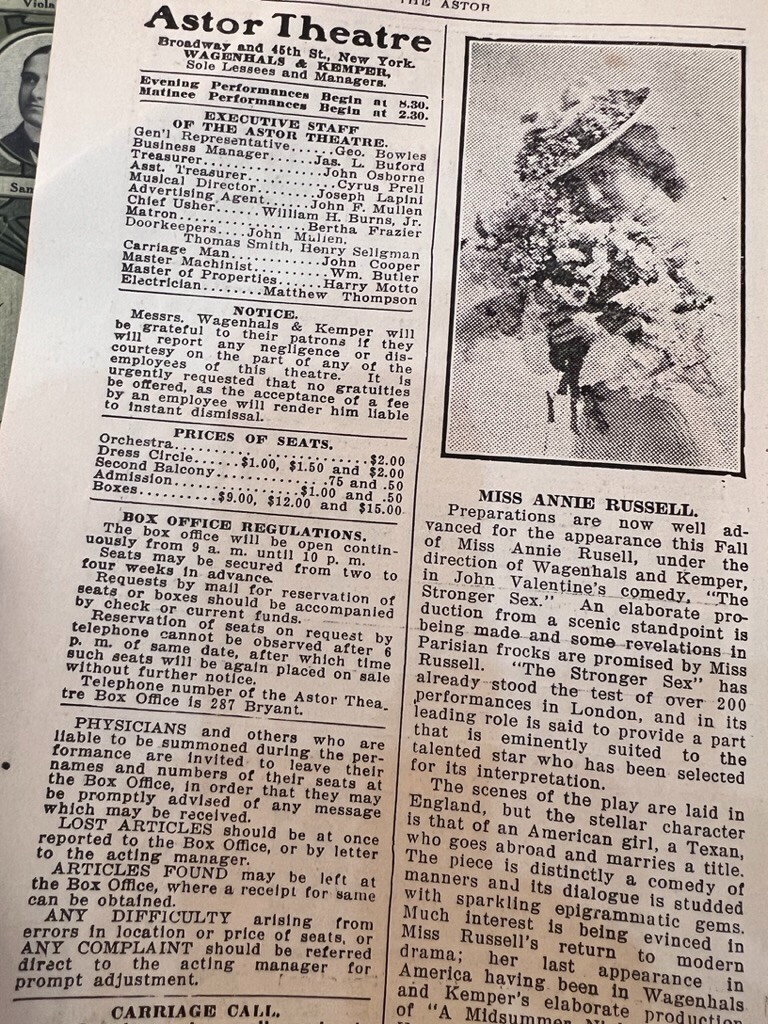 Astor Theater Program Oct 26 1908 William Hodge Henry Jewett Man From Home