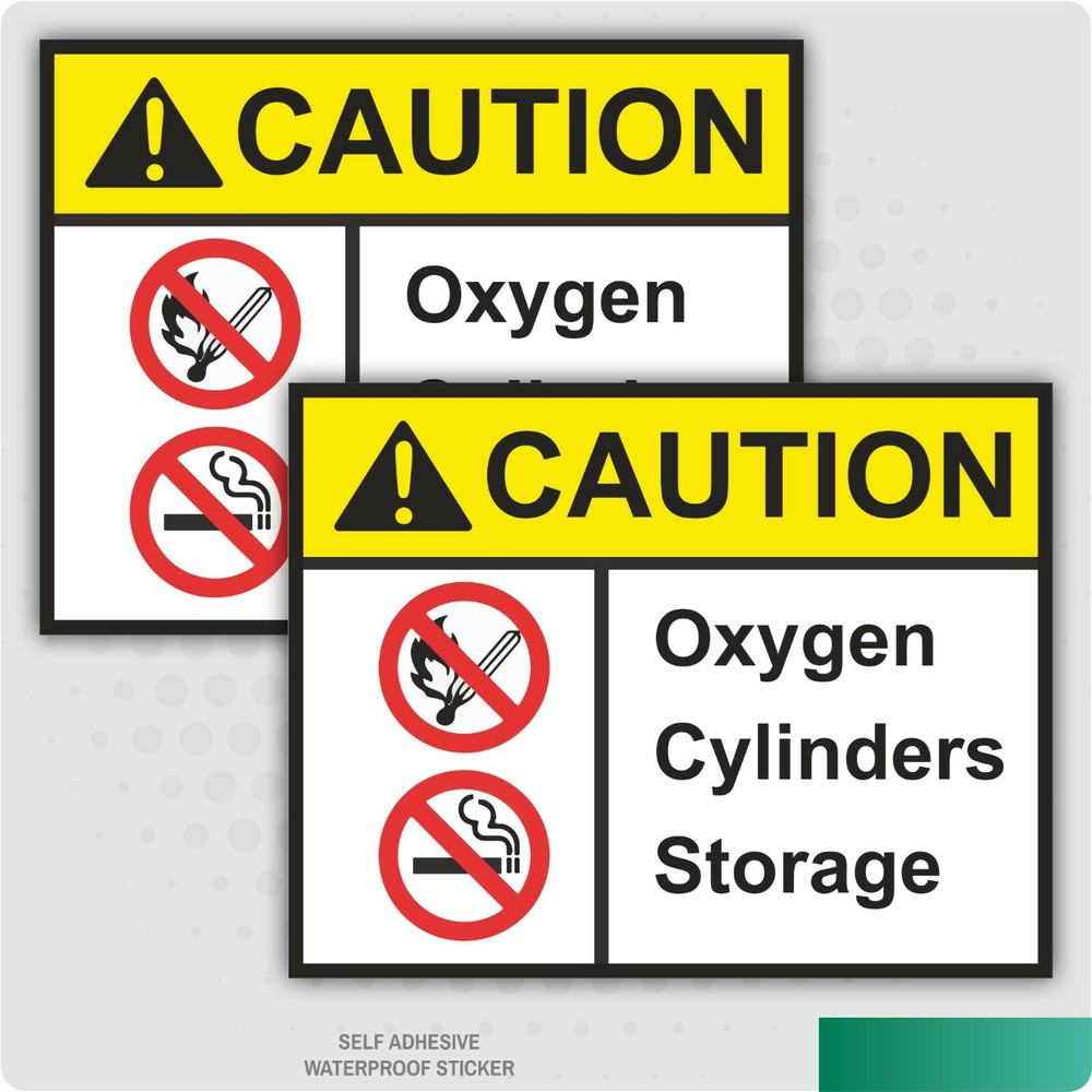 2 x Caution Oxygen Cylinders Storage Warning Self Adhesive Stickers