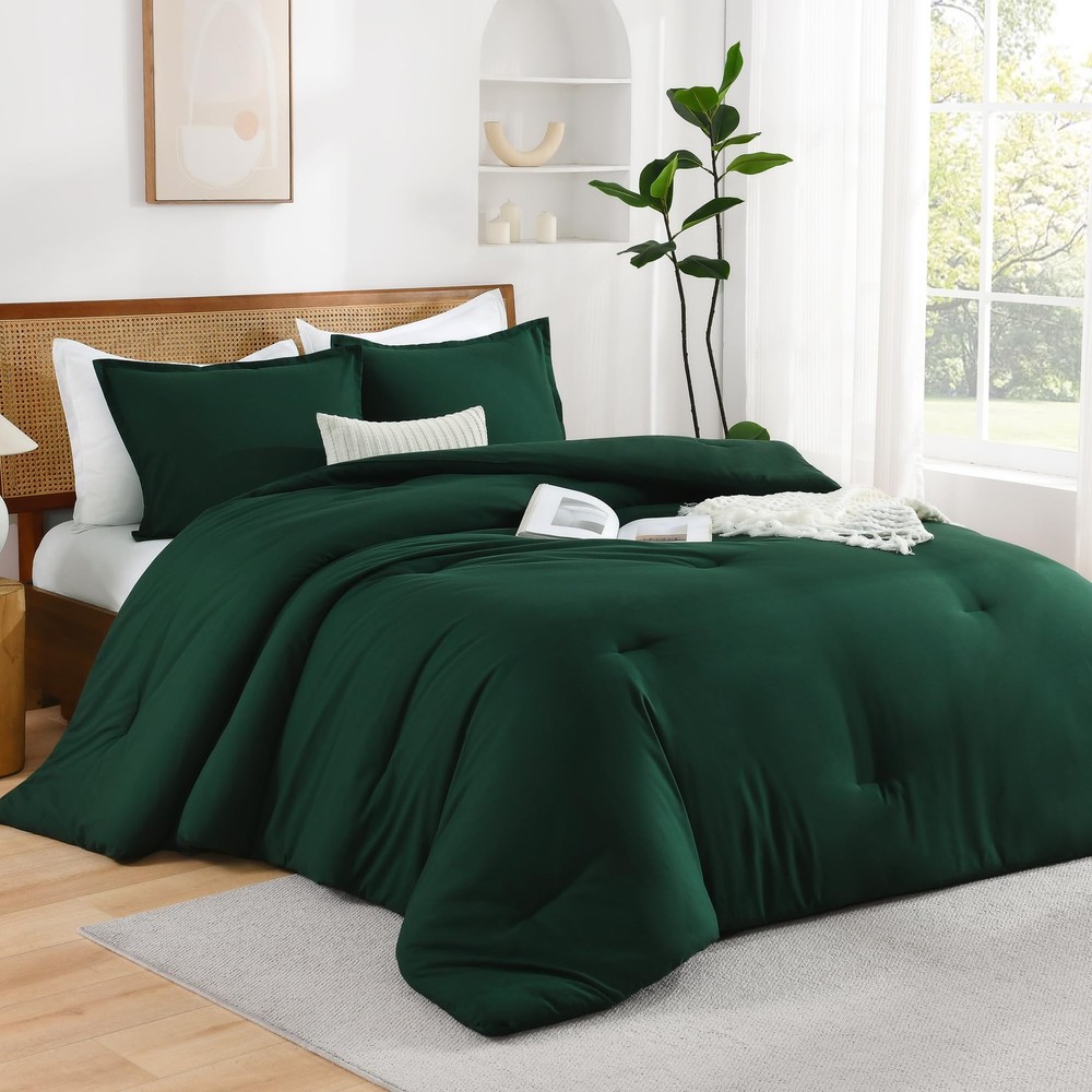 Dark Emerald Green Twin Size Comforter Set, 2 Pieces Boho Solid Bedding Comfo...