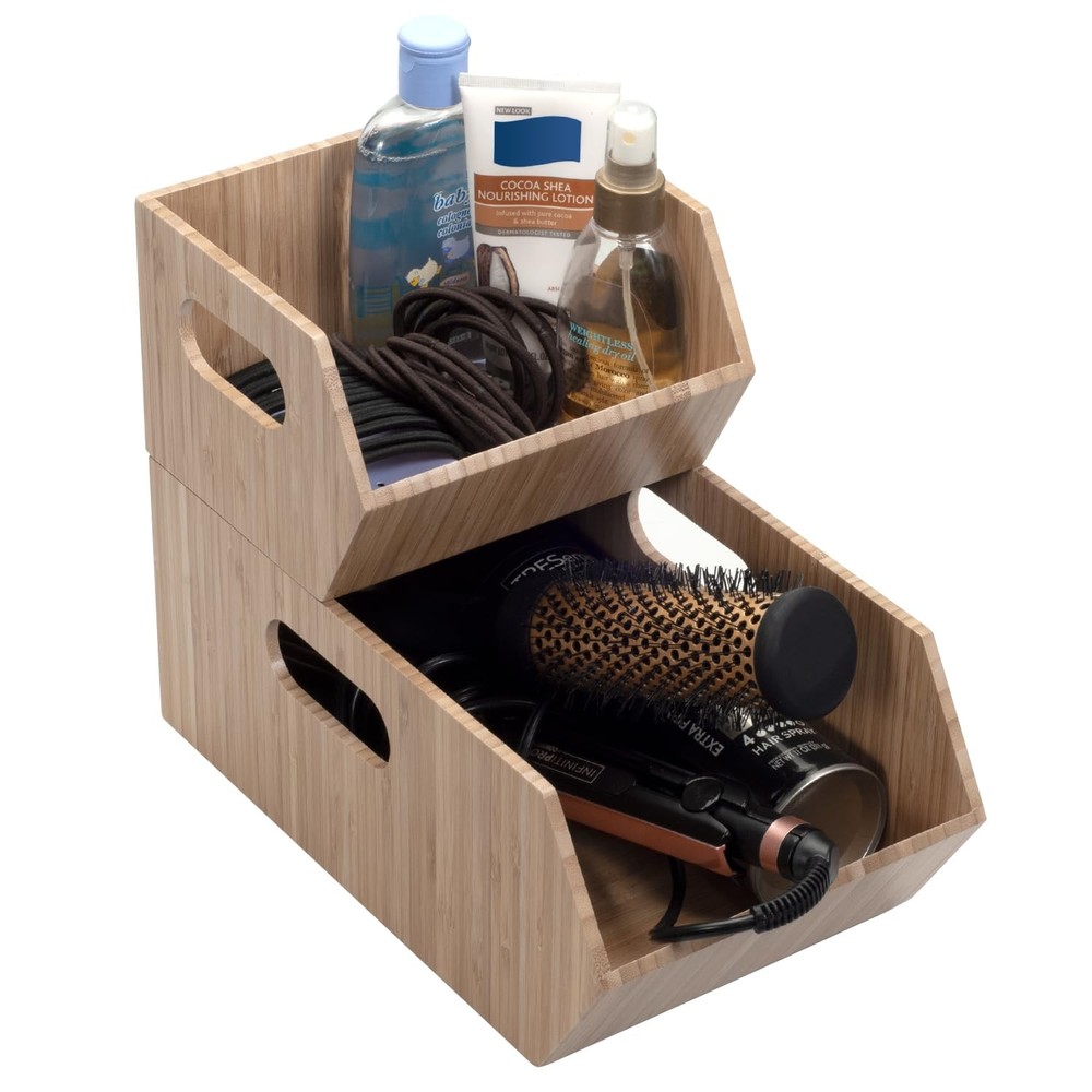 Bamboo Storage Bins for Bathroom Cabinet Organizer, 2 PC Stackable Set, Holds...