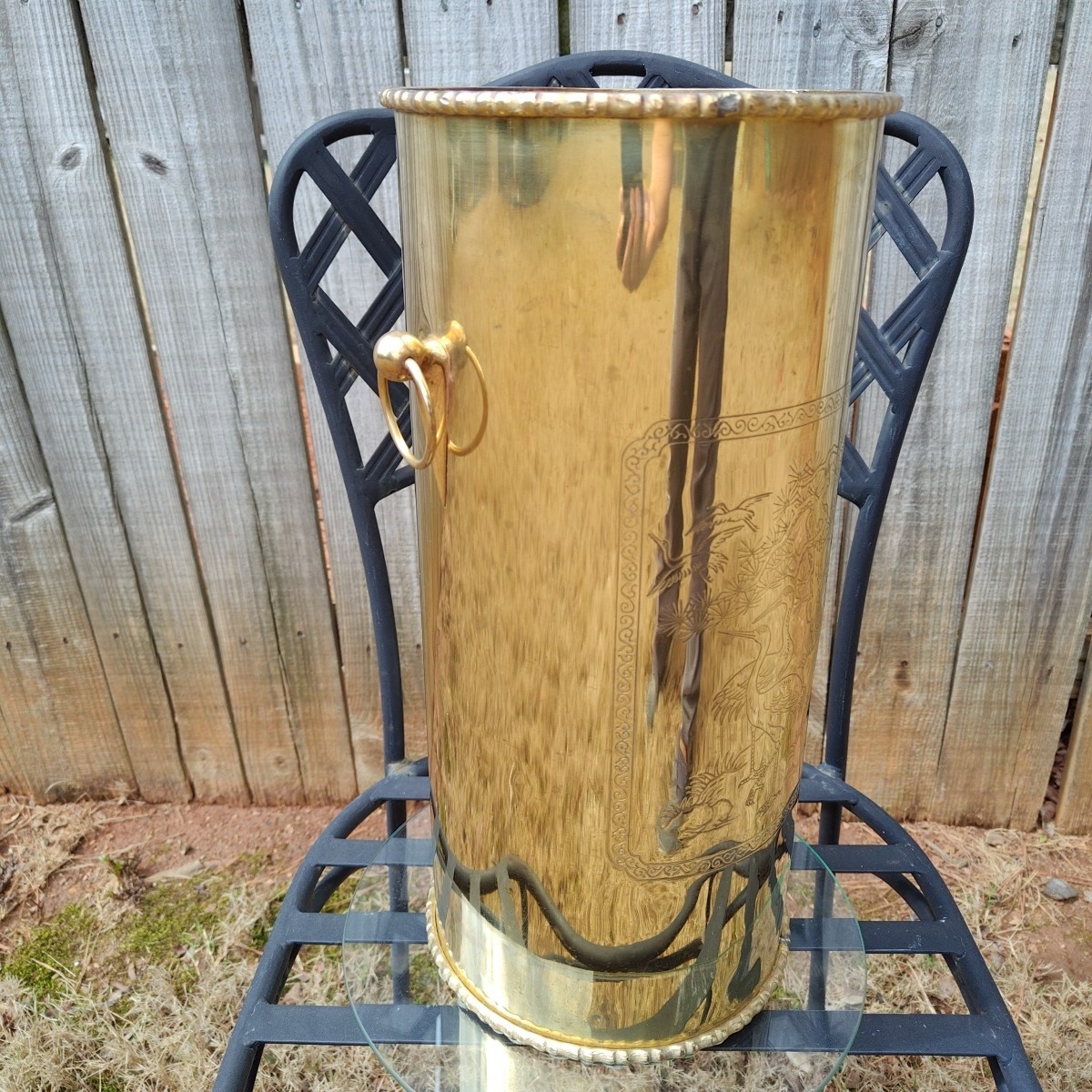 Vintage Brass Umbrella Cane Holder Stand 18" with Decorative Handles Asian Motif