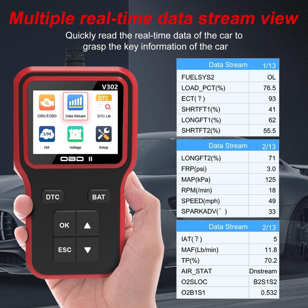 OBD2 Scanner Car Code Reader Battery Voltage Test O2 Sensor Live Data EVAP Test