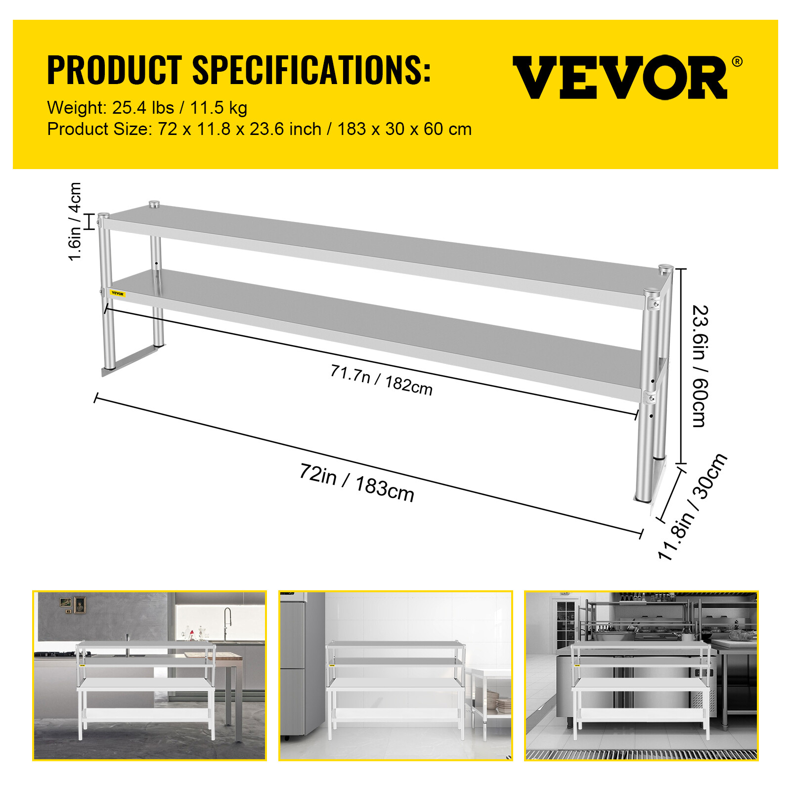 VEVOR Stainless Steel Commercial Wide Double Overshelf 72"X 12" for Prep Table