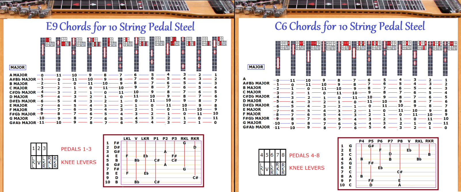 E9 & C6 CHORD CHARTS FOR DOUBLE 10 STRING PEDAL STEEL GUITAR - 2 LAMINATIONS
