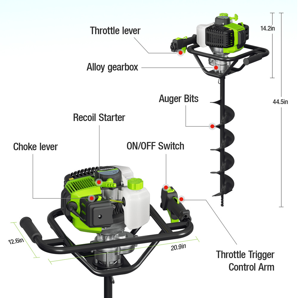 WORKPRO 62CC Post Hole Digger Gas Powered Earth Digger 4" 6" 8" Auger Drill Bits