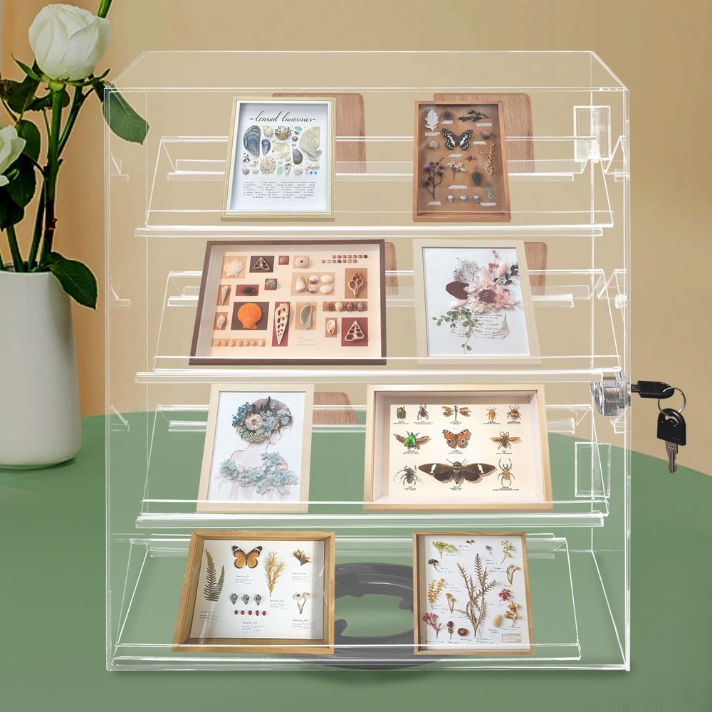 4 Tier 360° Rotation Acrylic Locking Box Clear Display Case Dust-proof Showcase