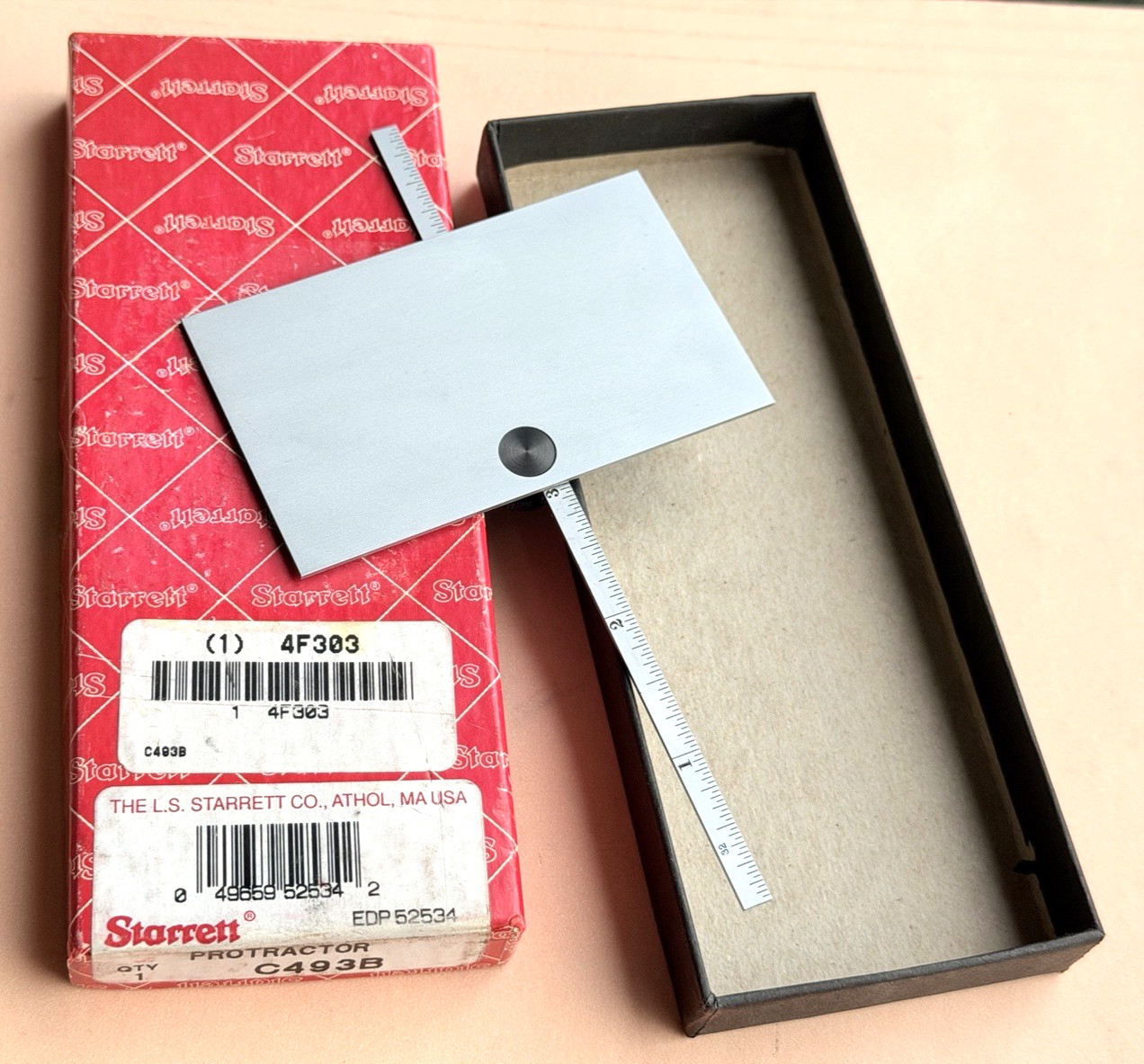 STARRETT No. C493B Satin Chrome Finish Steel Protractor/Depth Gage. USA Made!