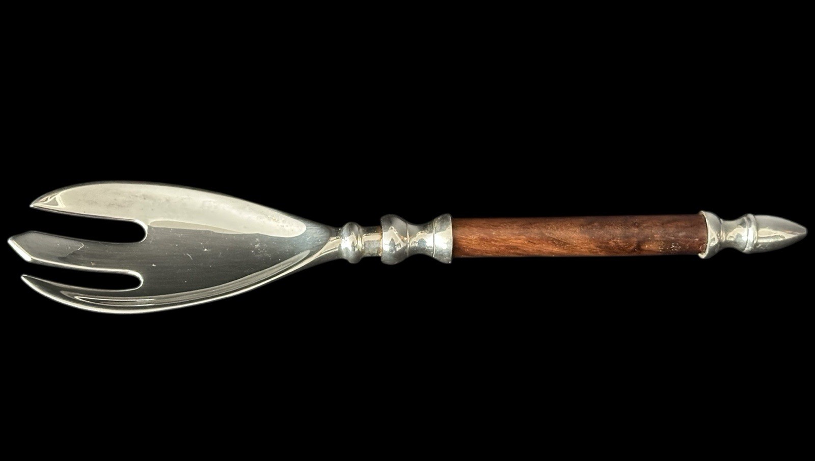 Large Silver-plated Serving Fork with Wooden Handle and Silver Finial Vintage