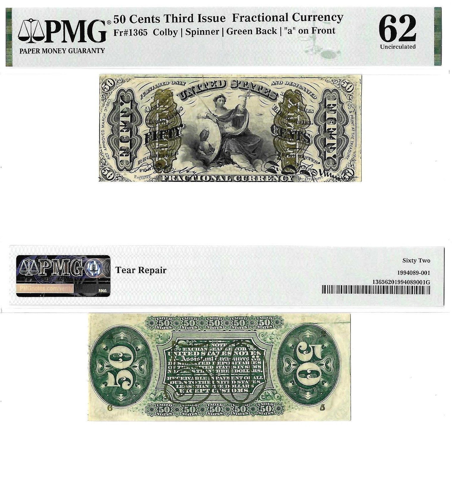 50 Cents Third Issue Fractional Currency Fr. 1365 PMG UNC 62