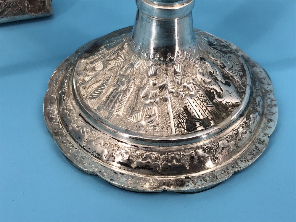 Middle Eastern,carved set Candlestick & Sheet Mirror 84 SOLID Silver 2800 grams
