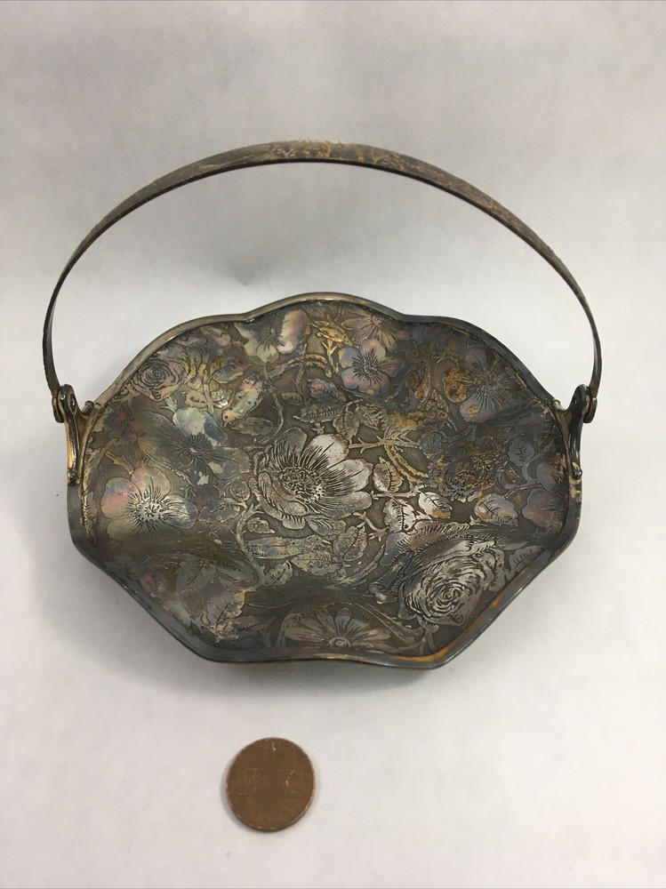 Tapestry Silverplate Floral Embossed Handled Basket Trinket Dish Display