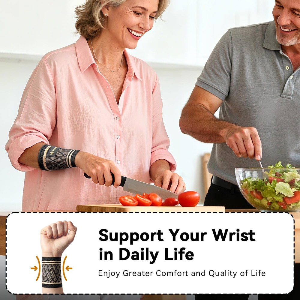 [360° Full Compression] Copper Wrist Compression Sleeve 1 Pair, Medium, Black