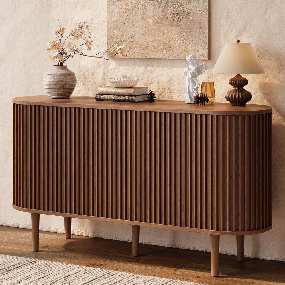 55" MCM Buffet Sideboard Sliding Doors Storage Adjustable Shelves Walnut