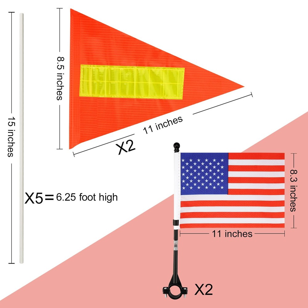 Bicycle Safety Flags with Pole - 2 Set Reflective, Adjustable, Heavy Duty