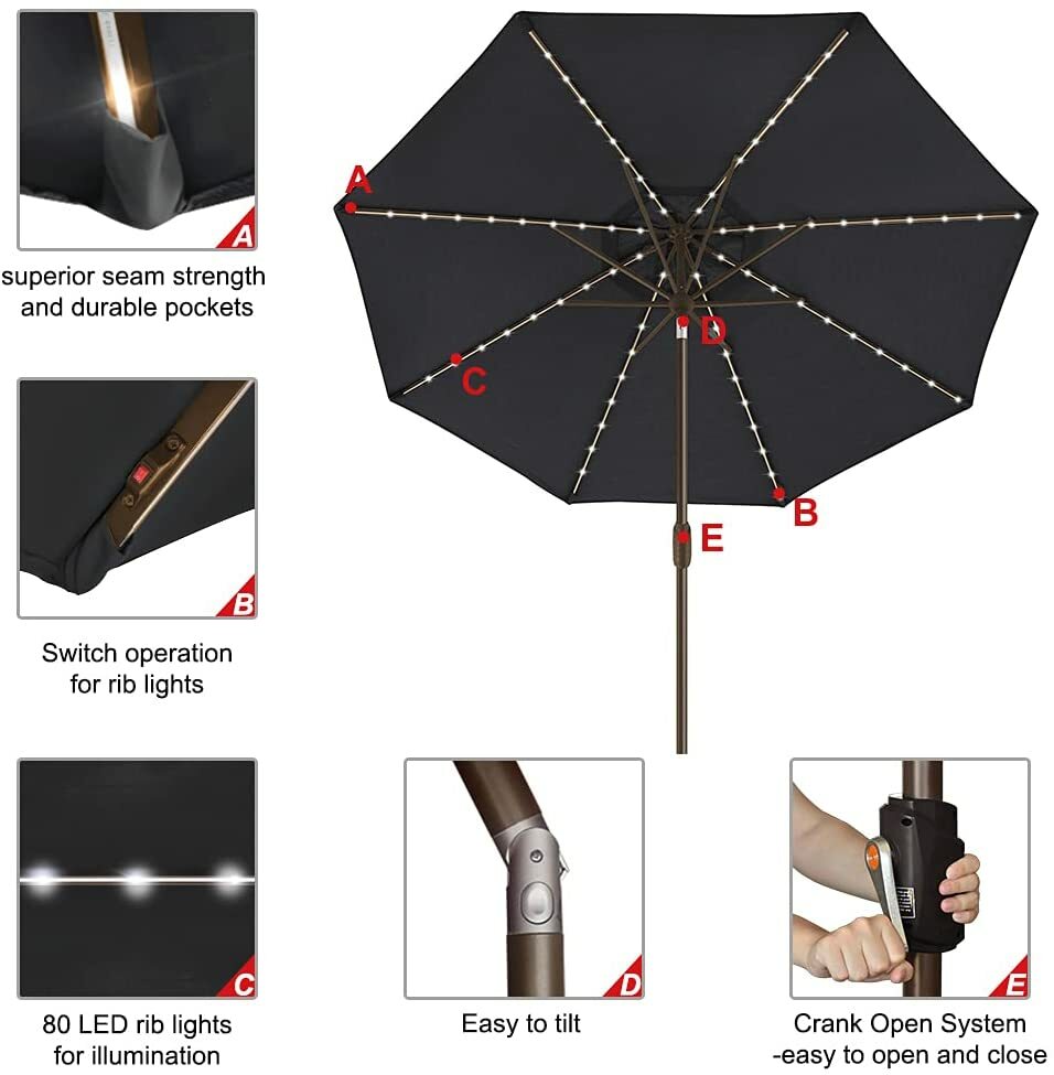 EliteShade USA Umbrella Solar 9ft Market Umbrella with 80 LED Lights