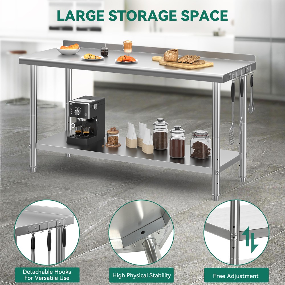 60" x 24" Stainless Steel Table for Prep & Work with Backsplash