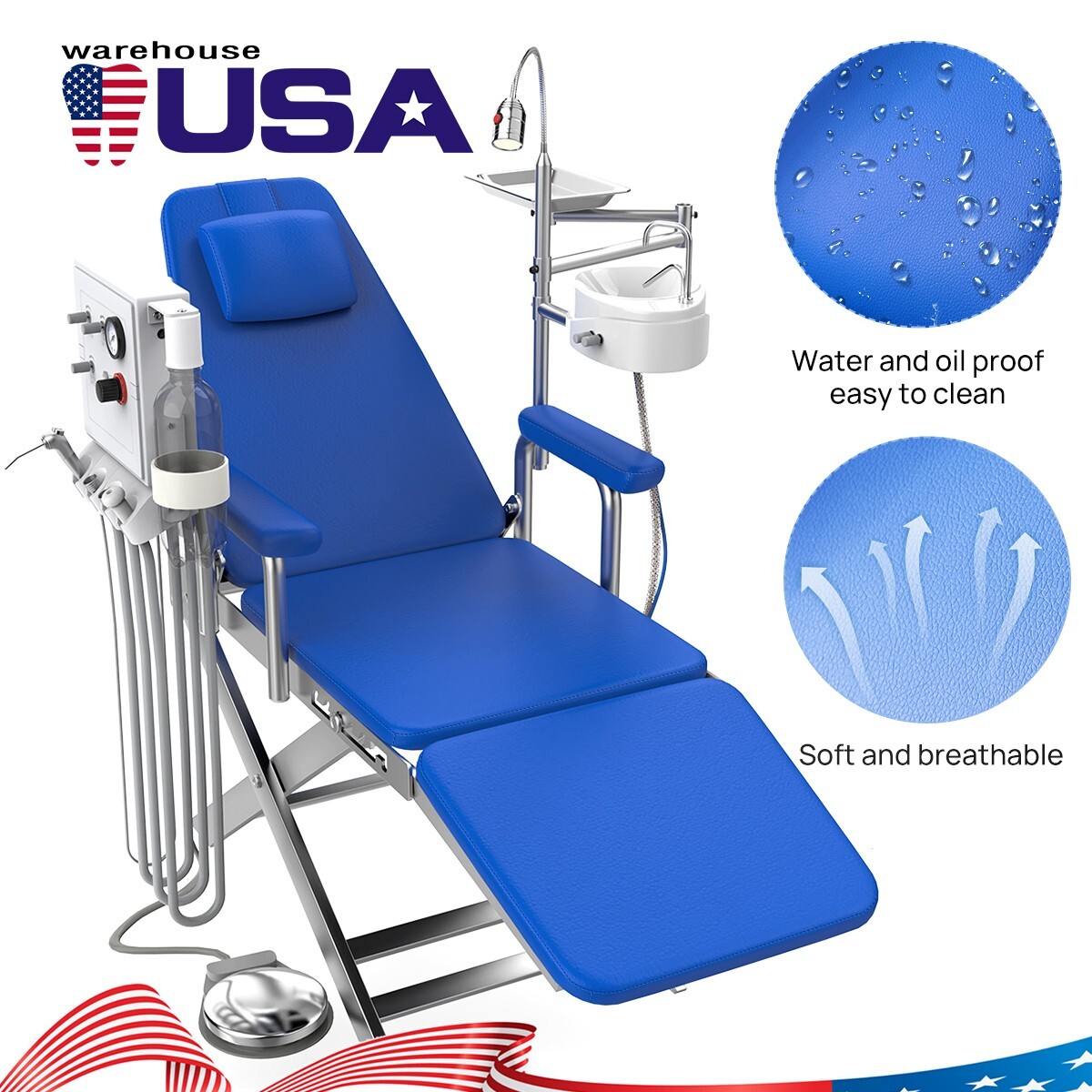 Silla plegable móvil dental portátil+unidad de turbina+lámpara LED+bandeja