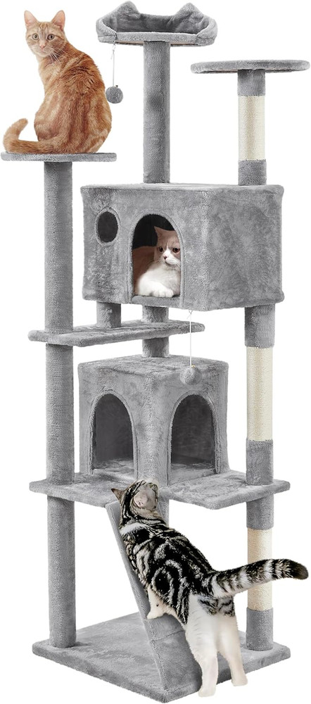 80" Tall Cat Tree with Scratching Posts, Caves, and Platforms - Light Gray