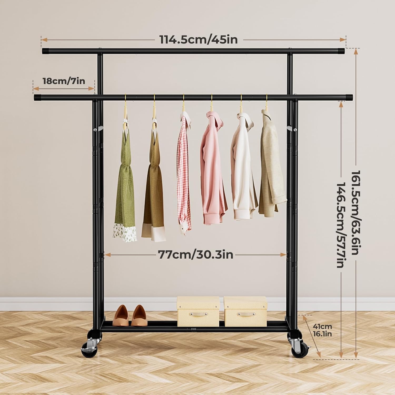 Abiglifty Double Rods Clothes Rack for Hanging Clothes Clothing Rack with Wheels