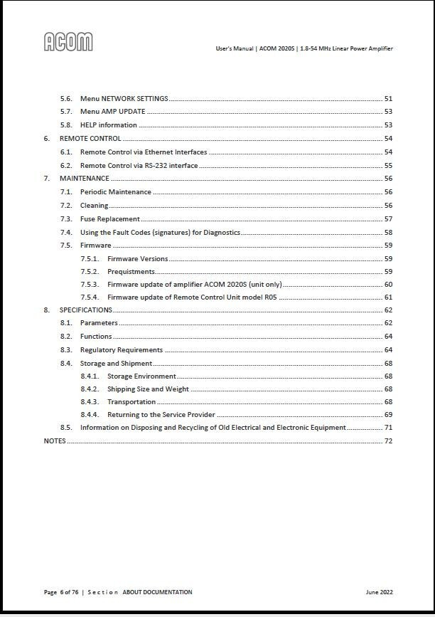 ACOM 2020S HF+6m Solid State Amplifier USB OWNER'S MANUAL - KJ4IYE