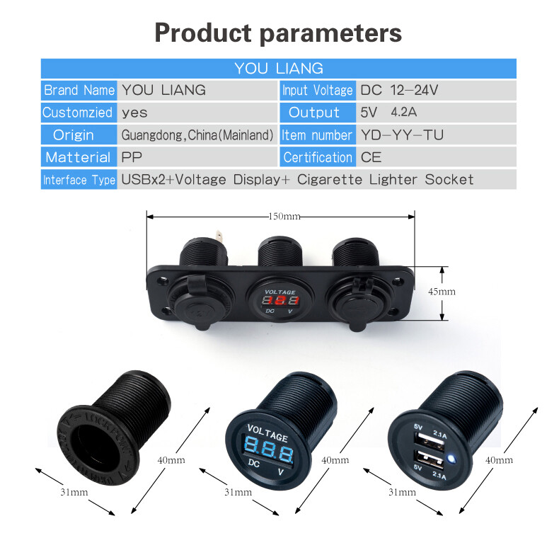 Car Boat RV Switch Panel 2 USB Charger Socket&Cigarette Lighter Voltmeter 12-24V