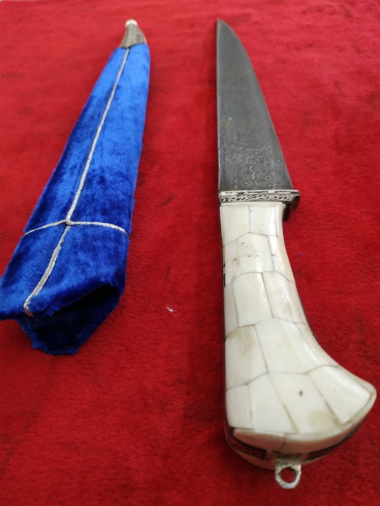 Dagger With Blue Velvet,Bone Inlay Handle And Silver Koftgari Work