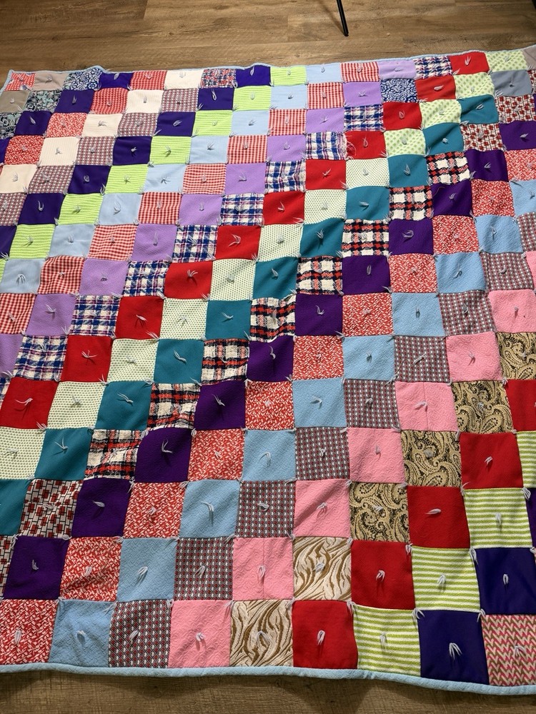 Handmade Rag Quilt Patchwork Tied Multicolor 87x75” Cotton Throw Bedspread