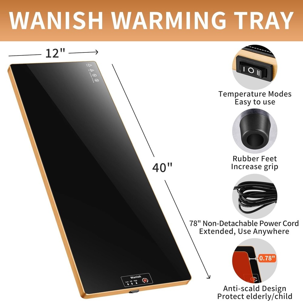 Versatile Electric Warming Tray 40”x12” - Two Temperature Modes & Stylish