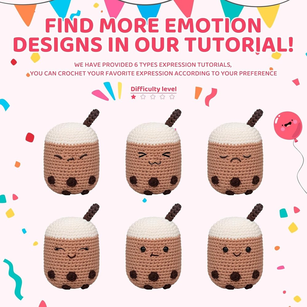 Crochet Kit for Beginners – Multi-Emotion Boba w/ Yarn & Video Tutorials