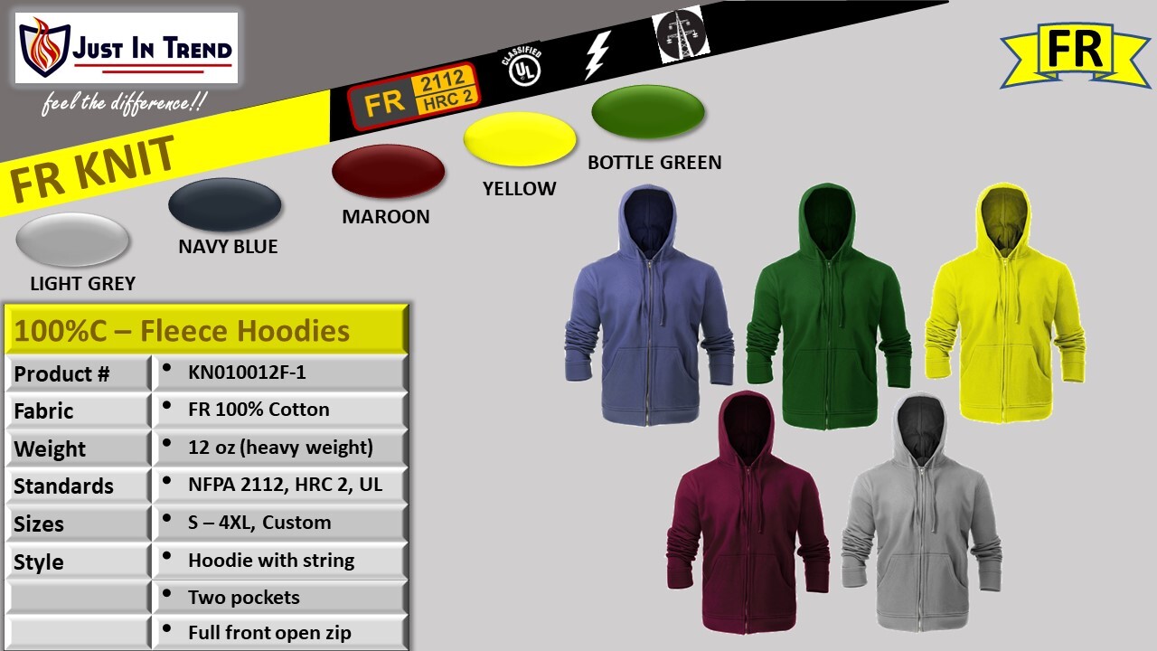 Flame Resistant FR Fleece Hoodie - 100%C - Heavy duty