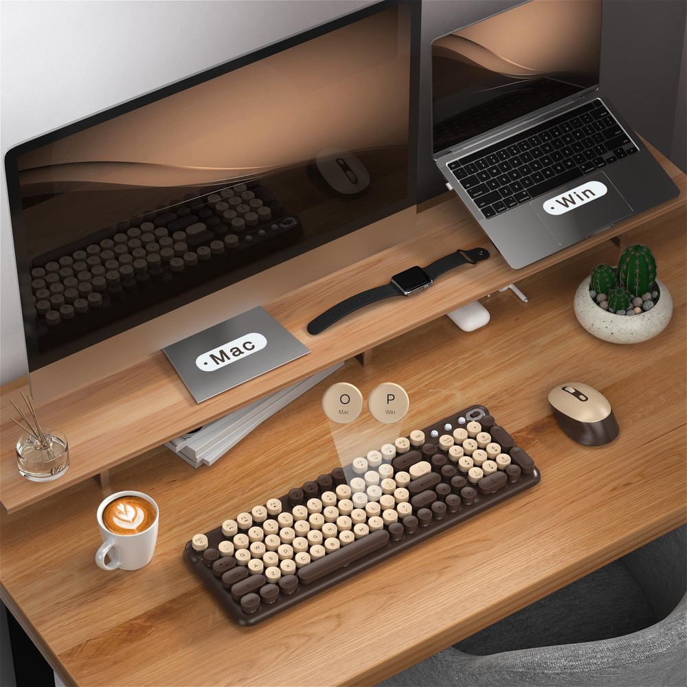 Wireless Keyboard Mouse Combo FullSize Retro Typewriter Coffee Brown Set