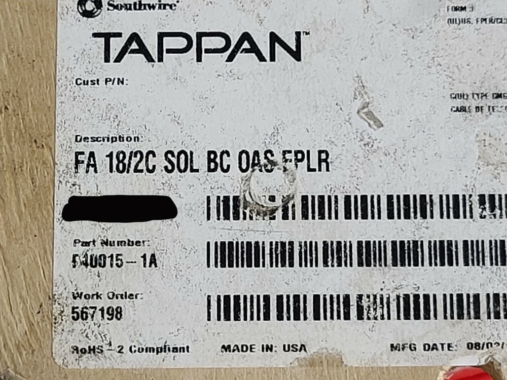 Southwire/Tappan F40015 18/2C Solid Shielded Fire Alarm Cable Riser Red /100ft