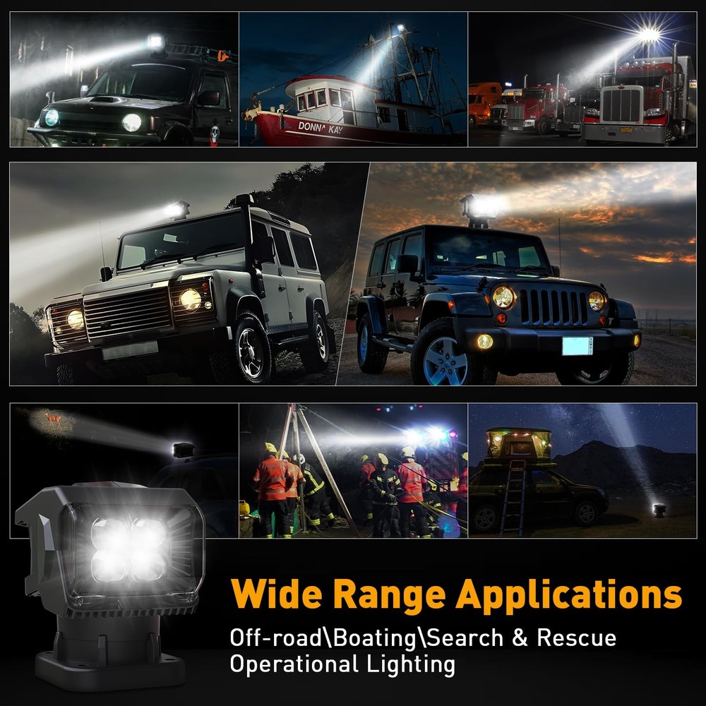 Remote Control LED Spotlight for Trucks Searchlight 50W, 360°Rotating Black