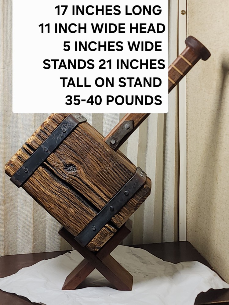 Thor's Hammer, Medieval Viking Solid Oak Head Walnut Handle With Display Stand