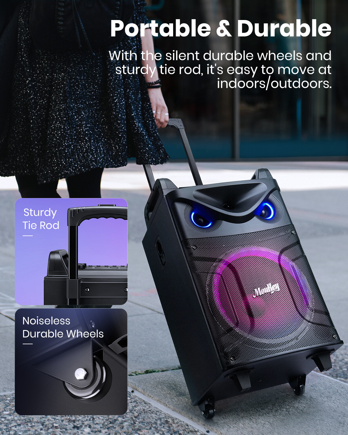 Moukey Portable Party Speaker 160W Bluetooth Singing Machine + 2Pcs Wireless Mic