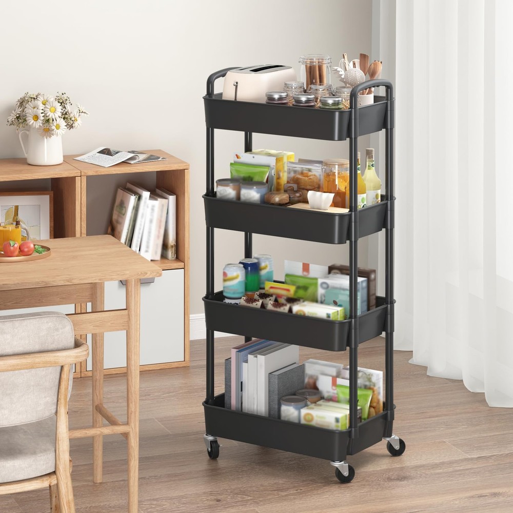 4-Tier Plastic Rolling Utility Cart with Handle Multi-Functional Storage Trolley