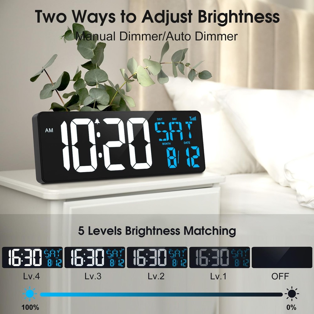 17-in Digital Wall Clock, Bluetooth Sync, Auto-Dimming, Remote, Date, Temp