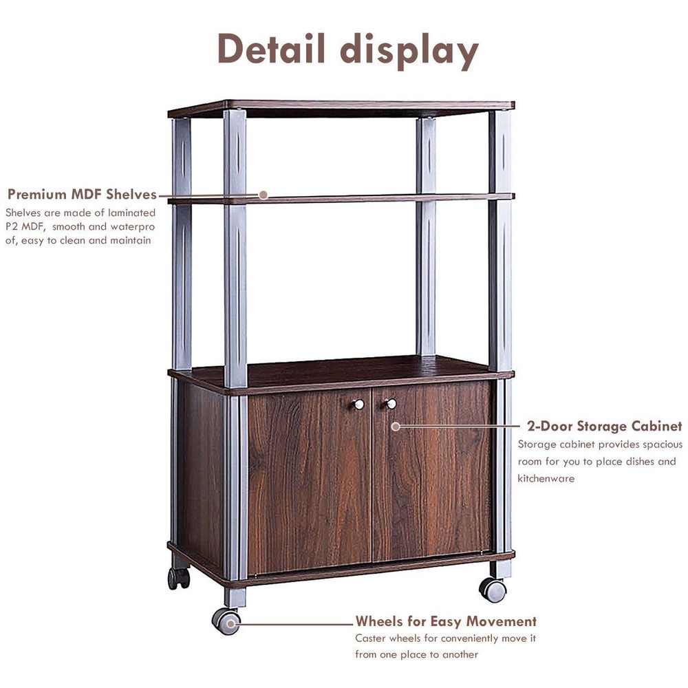 Bakers Rack Microwave Stand Rolling Storage Cart Multi-functional Display Walnut